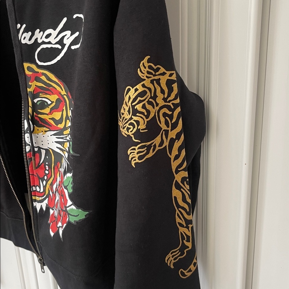 Ed Hardy tiger Women's zip Up cropped Hoodie sweatshirt black size 2X - Picture 4 of 15